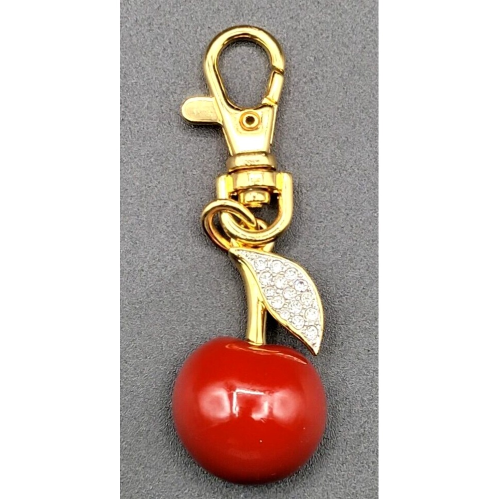 JOAN RIVERS CHERRY HANDBAG CHARM CLEAR RHINESTONE GOLD TONE SIGNED VINTAGE